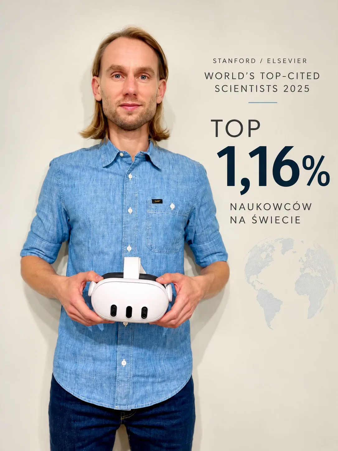 El Dr. hab. Sebastian Rutkowski con unas gafas de realidad virtual — Stanford/Elsevier World’s Top-Cited Scientists 2025, top 1,16% de científicos del mundo