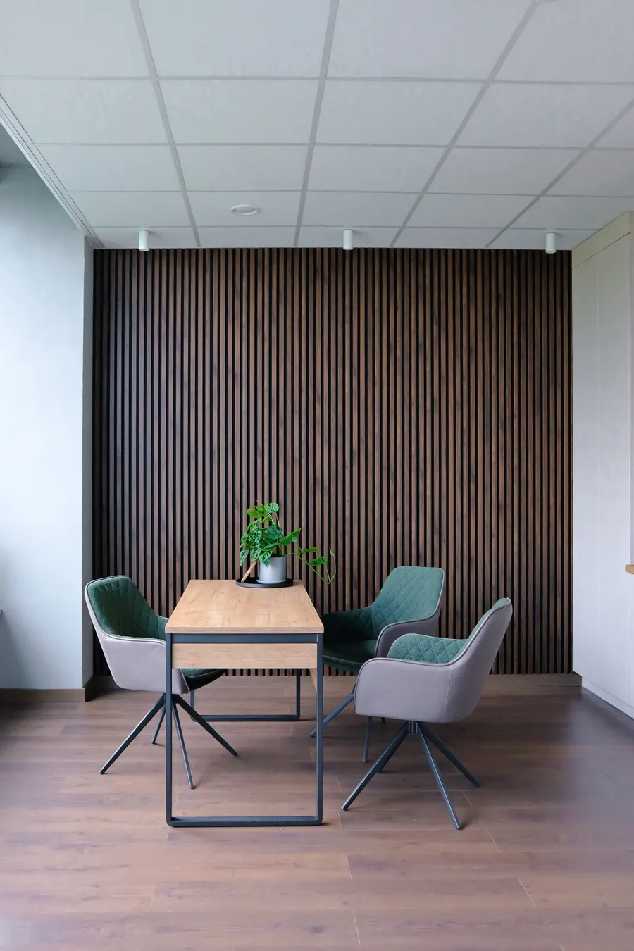 Zona de consulta -- paneles de madera laminada y sillas modernas